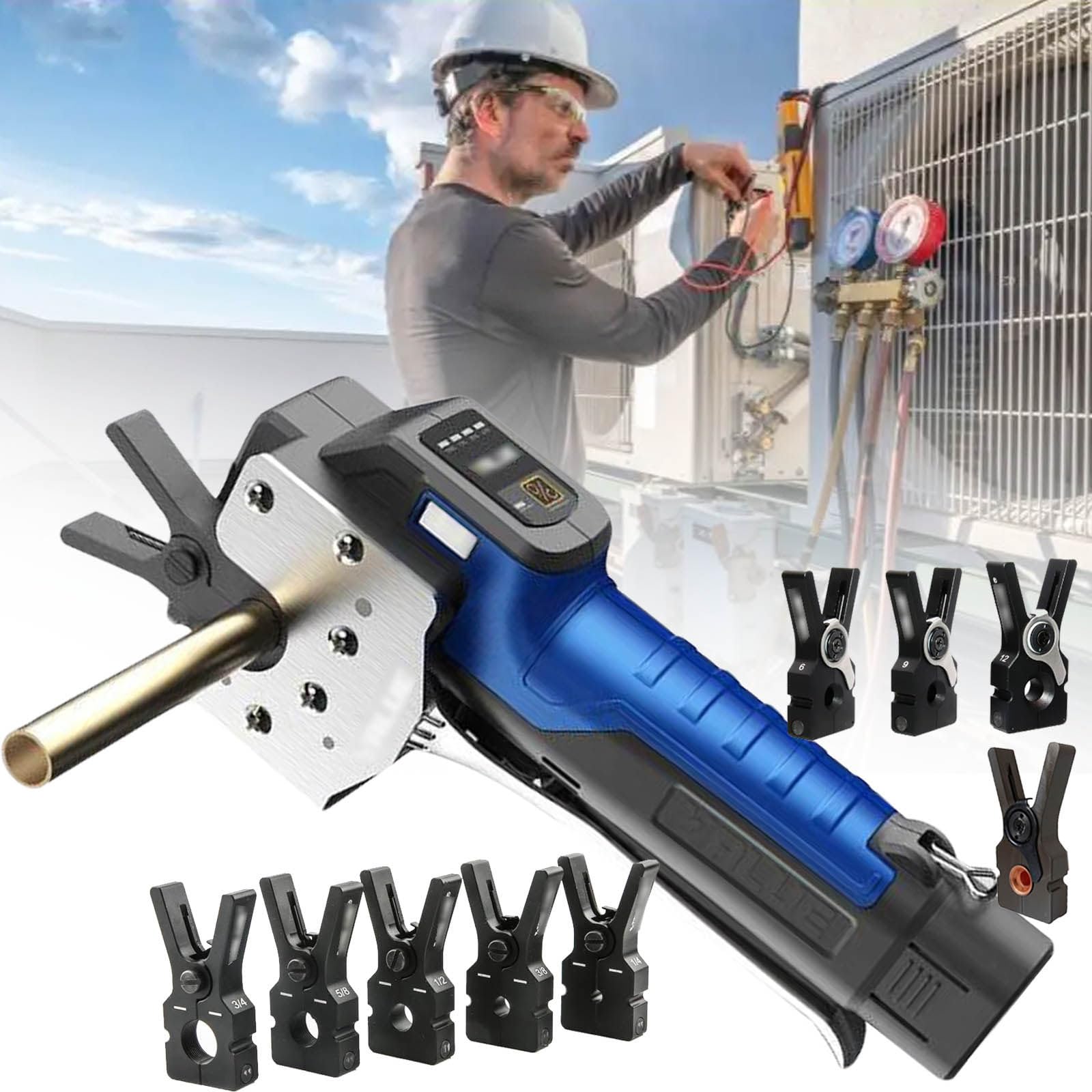 Svasatore elettrico senza fili per tubi con illuminazione, tubo svasato da 0,6 cm a 1,9 cm, 1 batteria per un massimo di 90 cicli di svasatura, include 9 mandrini per un uso versatile