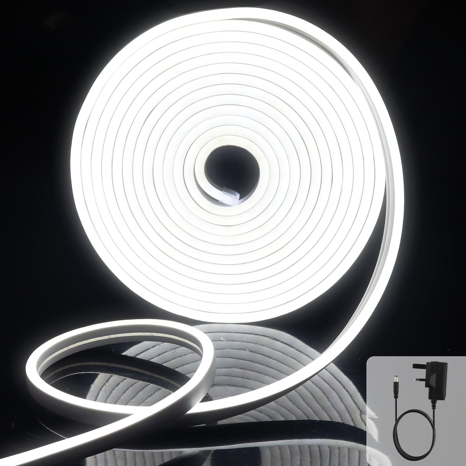 Extrastar Cold Light Neon Led Strip Light 5M 12V With Power Adapter, Ip65 Neon Led Rope Light Cuttable 8.5W/M, 6500K