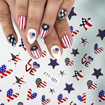 4th of July Nail Art Stickers Star Heart America Flag Patriot Nail Decals 1PCS 5D Embossed Star Heart Pattern Independence Day Self-Adhesive Nail Stickers Supply for Women Holiday Manicure Decorations