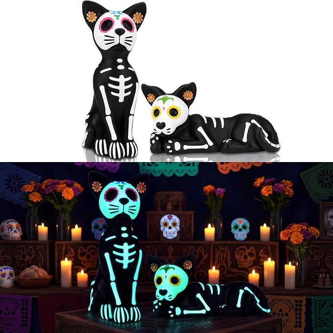 Simgoing 2 Pcs Luminous Day of The Dead Figurine Skeleton Halloween Dog