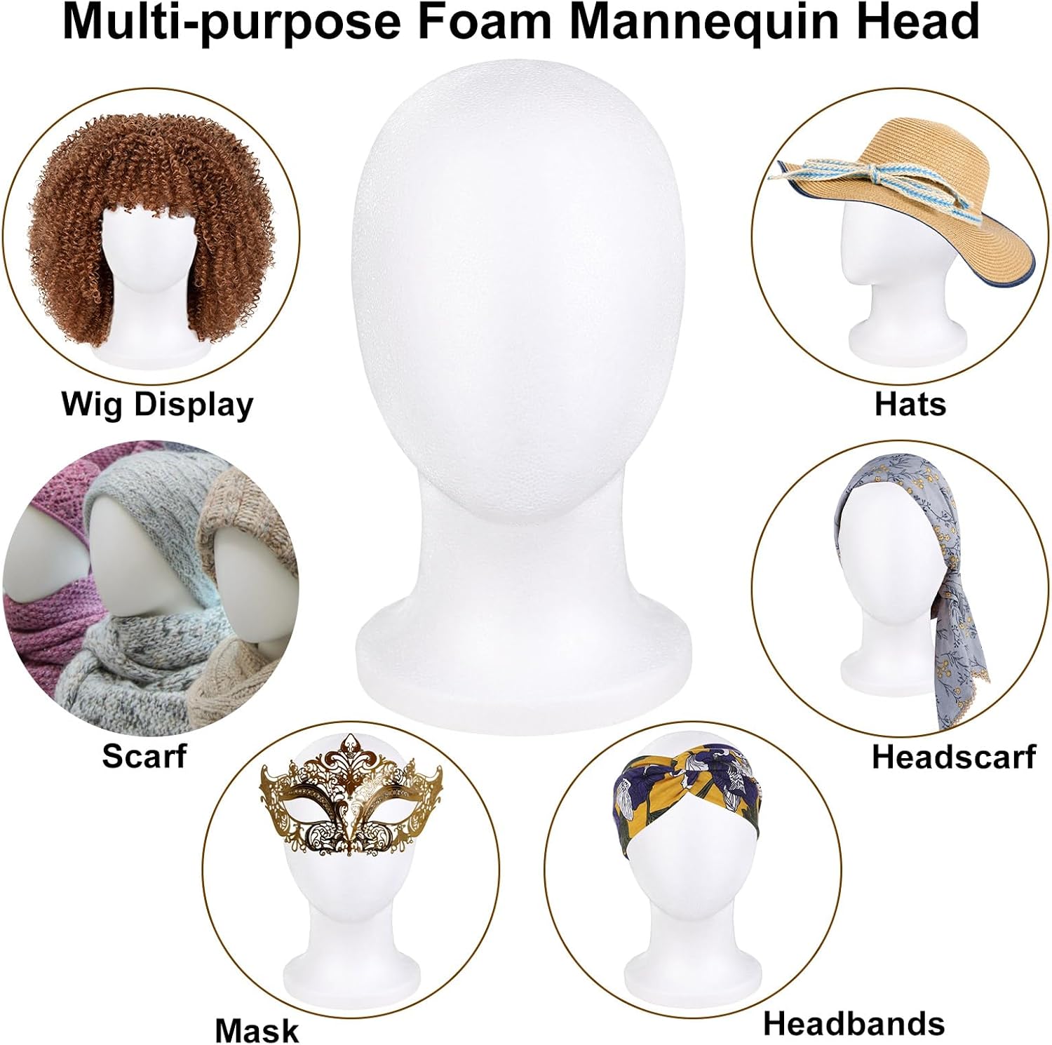 COOKOO 3 PCS Faceless Foam Mannequin Head Wigs Holder Styrofoam Wig Head Stand Wigs Foam Heads for Style, Model Hats ,Display Hair, and Hairpieces, Mask ,Home, Salon and Travel (3 Pieces)