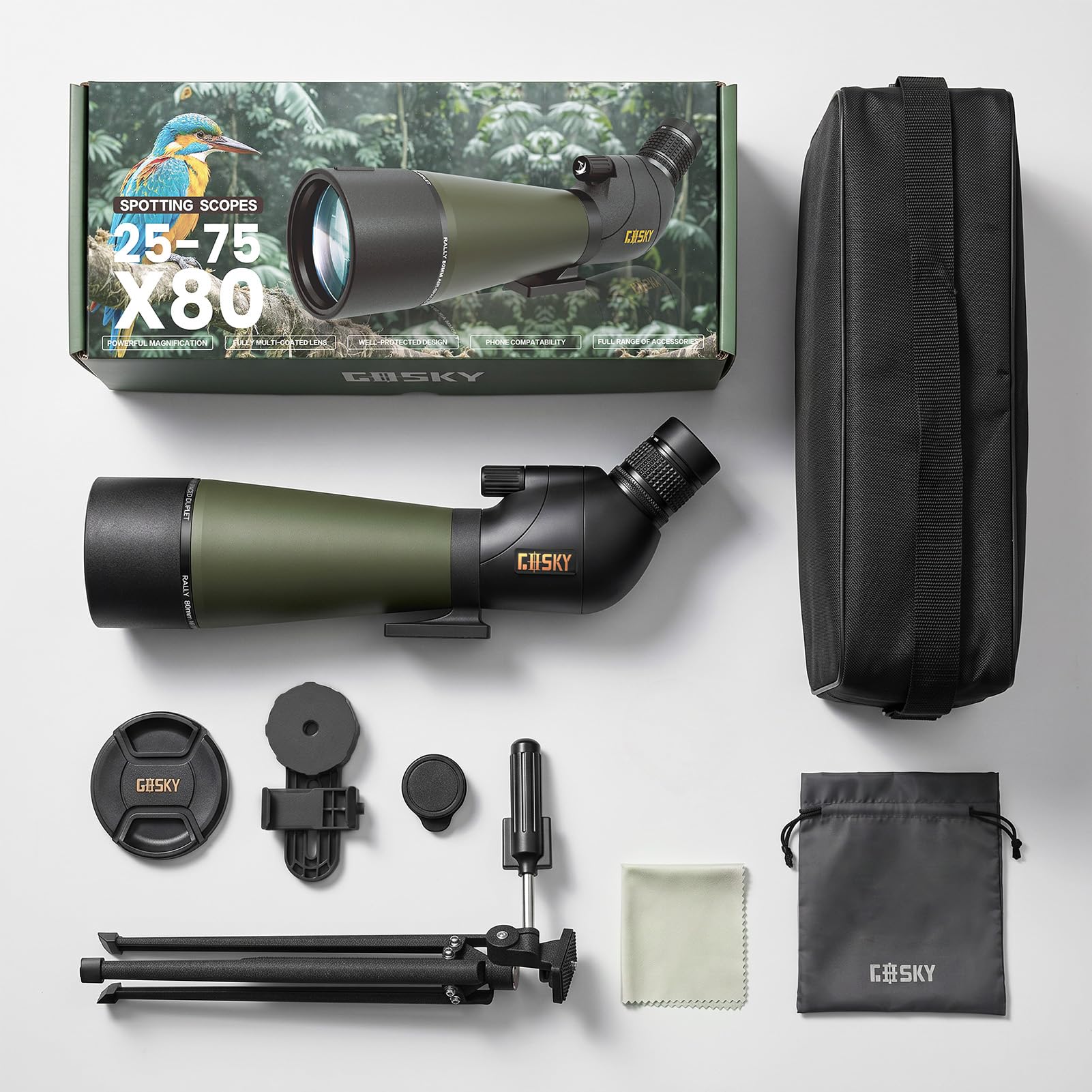 Gosky Flagship 25–75 x 80 cm Spektiv – Spektiv mit Stativ, Tragetasche und Schnell-Telefonhalterung, BAK4 wasserdichtes Spotterfernrohr für Vogelbeobachtung, Zielschießen, verbesserte Version