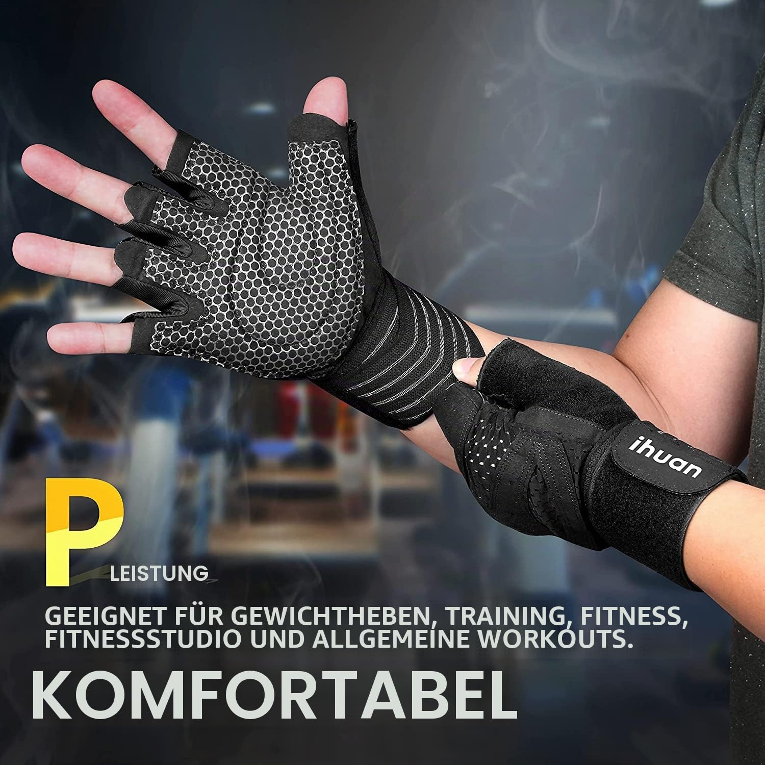 ihuan Belüftete Fitness Handschuhe mit Handgelenkband-Unterstützung für Herren und Frauen | Schwarze Trainingshandschuhe | kompletter Handflächenschutz für Gewichtheben, Training