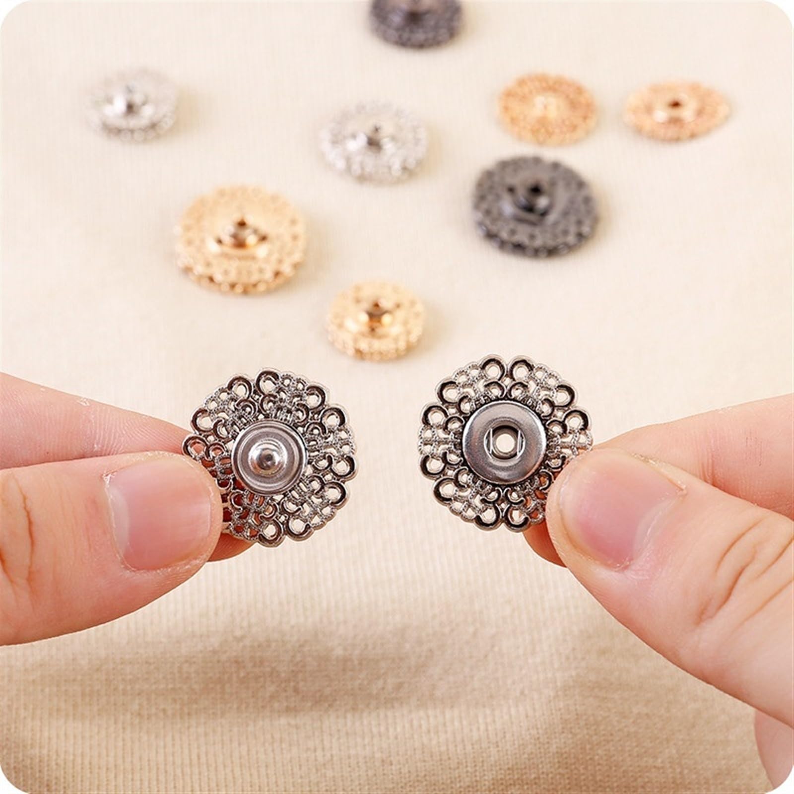 Botón decorativo, Botones 5 pares/lote Botón a presión de metal dorado/negro Botones con cierre de 18 mm/21 mm/25 mm Botones invisibles con forma de flor Botones de traje de moda(Antique Silver,25mm)