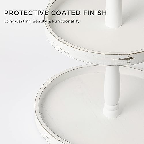 Miniatura 2 de UBTKEY Soporte de bandeja de dos niveles, bandeja decorativa rectangular de madera de 2 niveles con mango de metal para decoración rústica de mesa