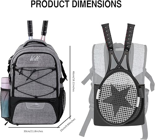 Vista 3 de WOLT Bolsa de tenis - Mochila grande para raqueta de tenis para hombres y mujeres - Compartimento ventilado para zapatos - Capacidad para 2 raquetas