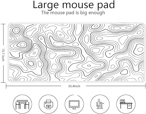 Miniatura 3 de Alfombrilla de mouse para juegos XL de alta calidad, rendimiento inigualable, 35.4 x 15.8 pulgadas, diseño de contorno topográfico blanco para