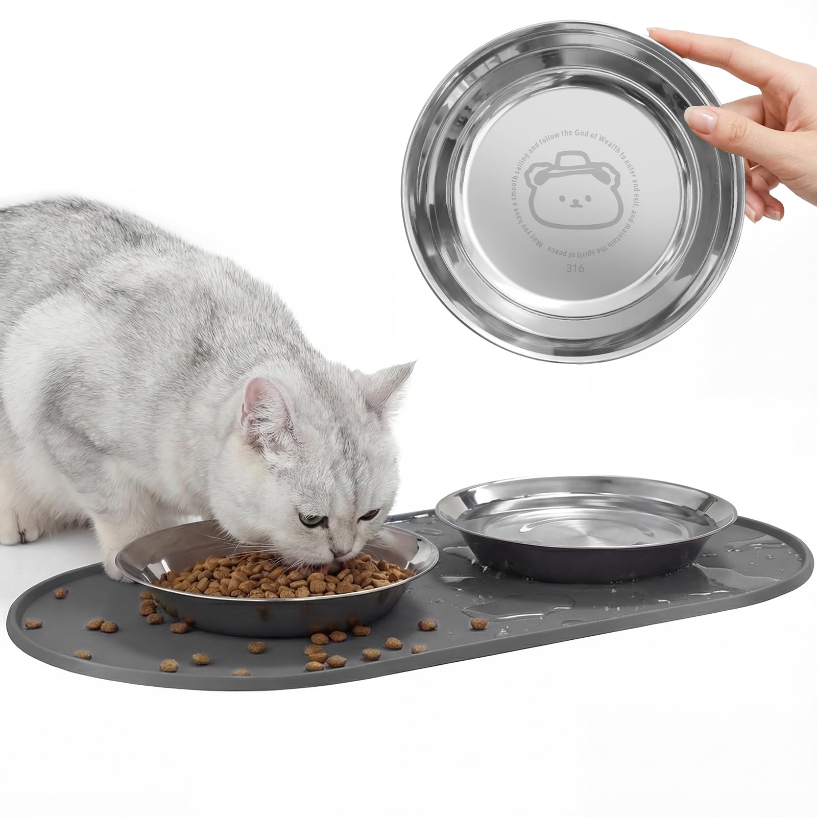 3-Pack Cat Bowls with Food Mat,6.3 Inches Stainless Steel Cat Food Bowl,Wide Tapered Design Whisker-Friendly Food and Water Bowl for Feeding Dogs and Cats,Dishwasher Safe,SUS 316