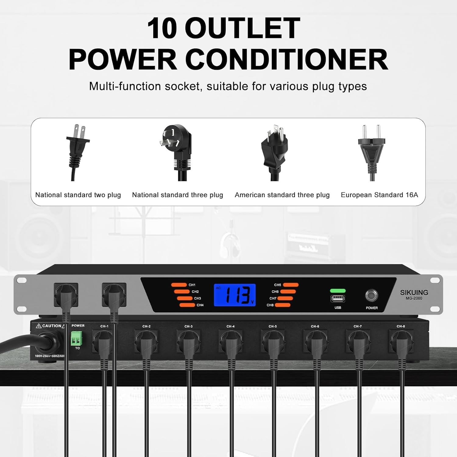 10 Outlet Rack Mount Power Conditioner & Sequencer - 2000W 13A Pro Audio Power Supply Controller with Voltage Readout, Surge Protector for Home Theater, Studio, Stage(MG2000)