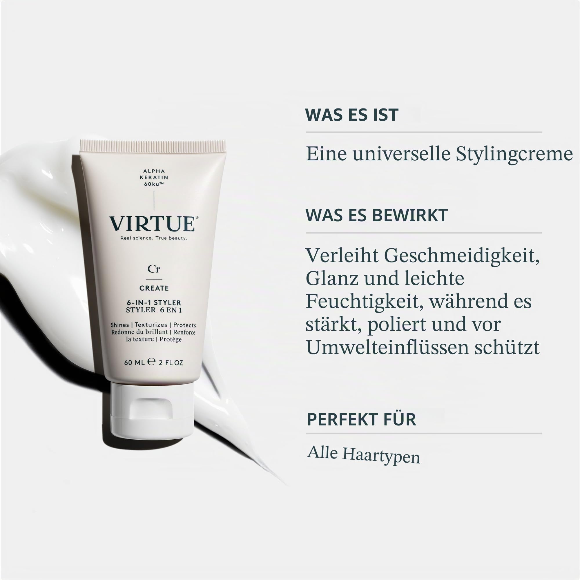 VIRTUE 6-IN-1-Styler-Creme 2 FL OZ | Reisegröße | Alpha-Keratin glänzt, texturiert, repariert, stärkt, spendet dem Haar Feuchtigkeit | Sulfatfrei, Parabenfrei, farbecht, vegan