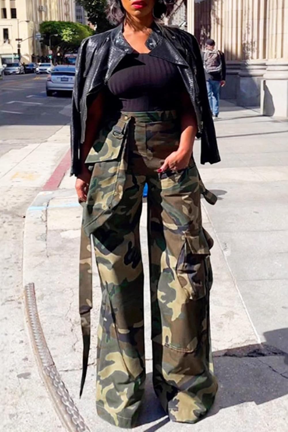 Vakkest Women's Camo Cargo High Waist Pants Elastic Waist Straight Wide Leg Camouflage Trousers Multiple Pockets - Image 3