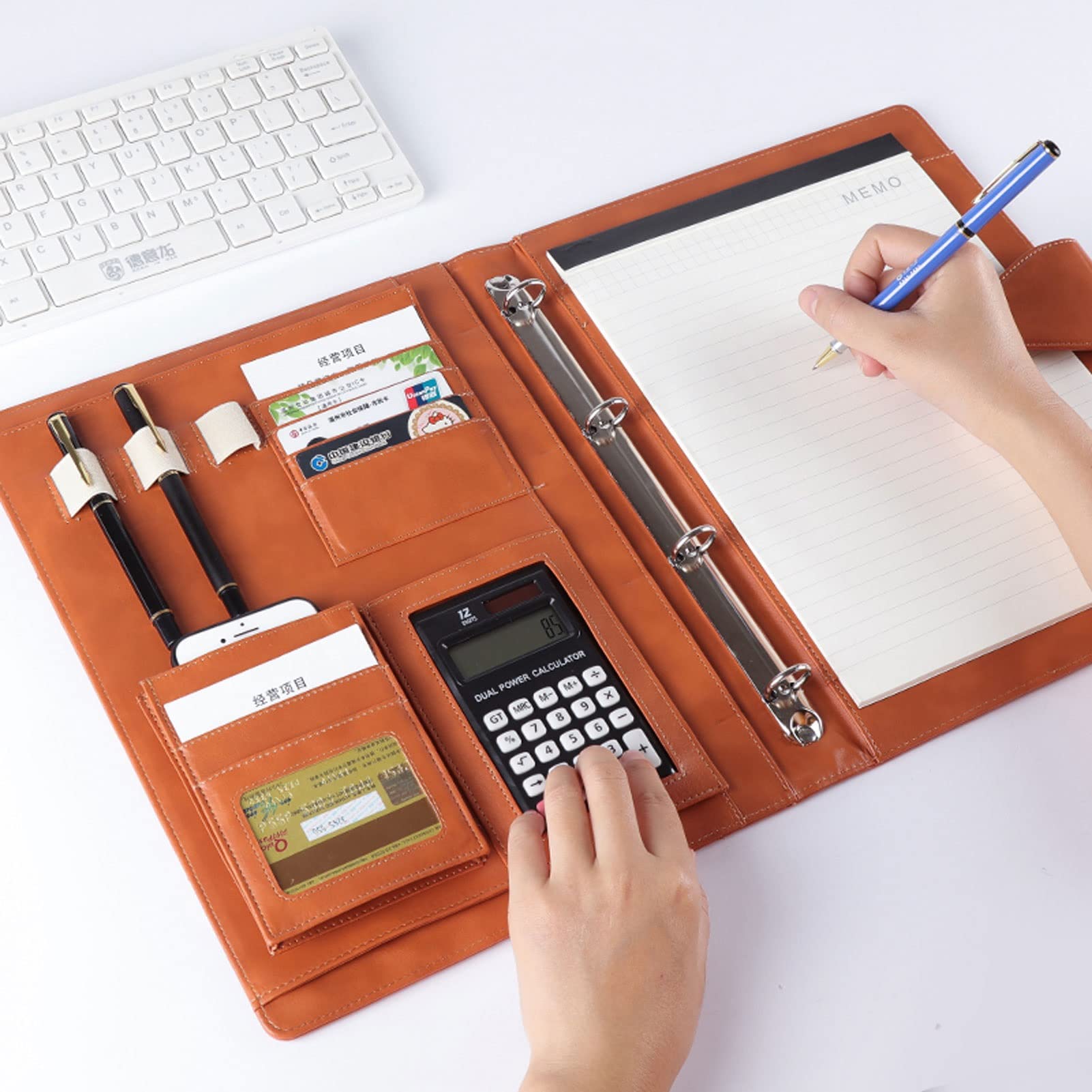 Teczka konferencyjna Organizer na dokumenty， Teczka A4 z schowkiem i miejscem do przechowywania, teczka z imitacji skóry na notes A4(Blauw,No calculator)