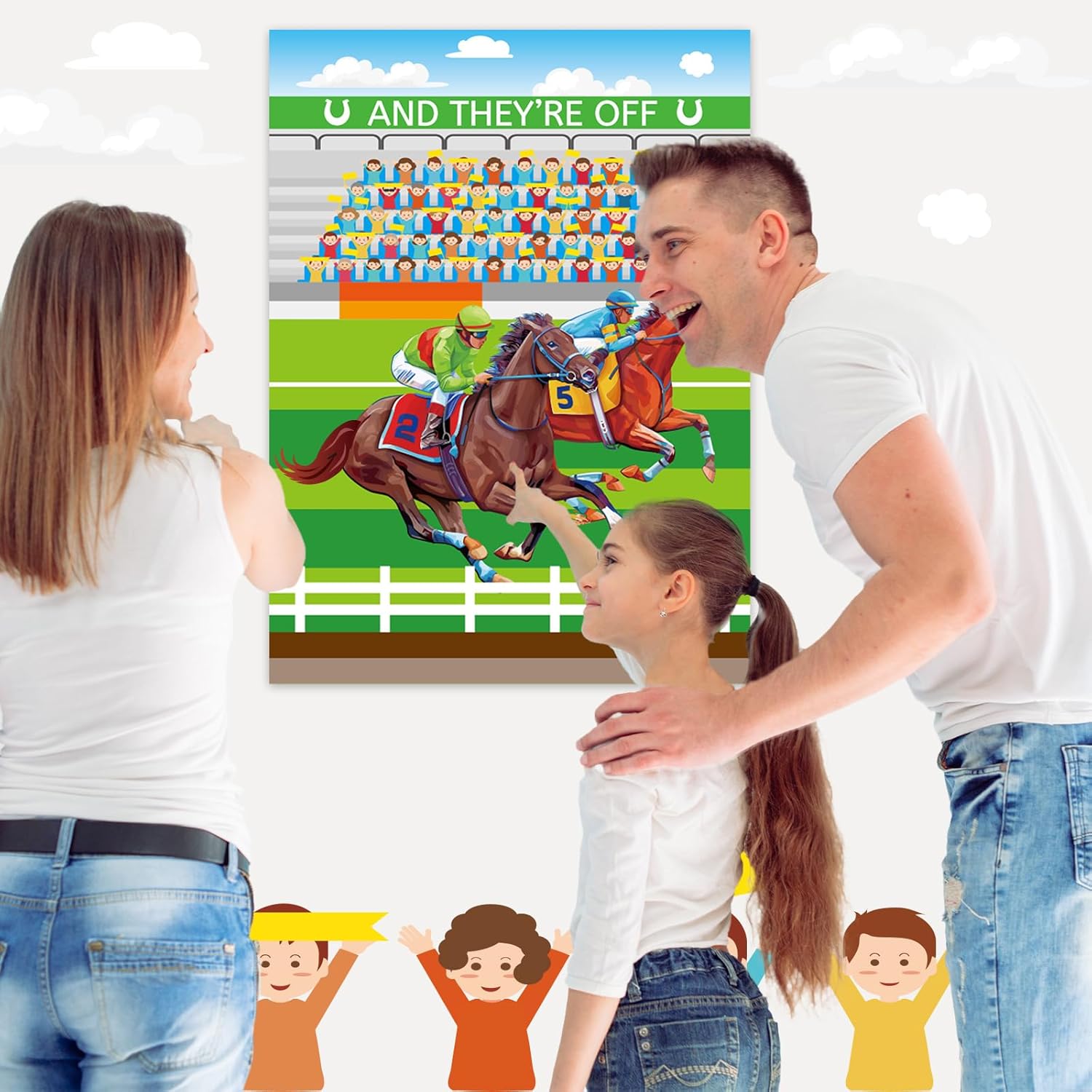 QOUBAI 32Pcs Derby Horse Games for Kids Pin The Tail on The Horse Poster Derby Party Games with Tail Stickers for Kentucky Decorations Racing Party Favors Supplies Kit for Kids Family Game