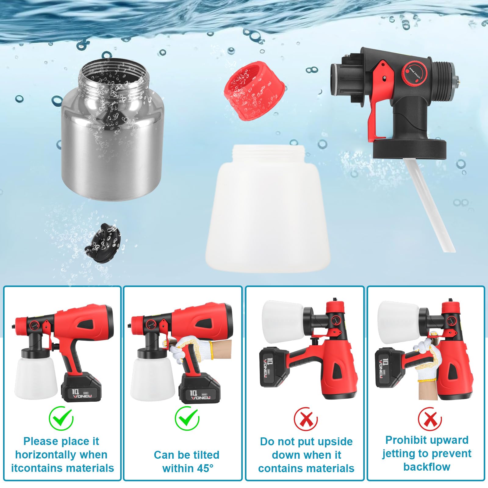 Pistola de pintura eléctrica HVLP 850W con tanque de agua de 800 ml, 5 boquillas, 2 baterías de litio 2600 mAh y cargador de 21 V, para casa, armarios, vallas, techo (rojo)