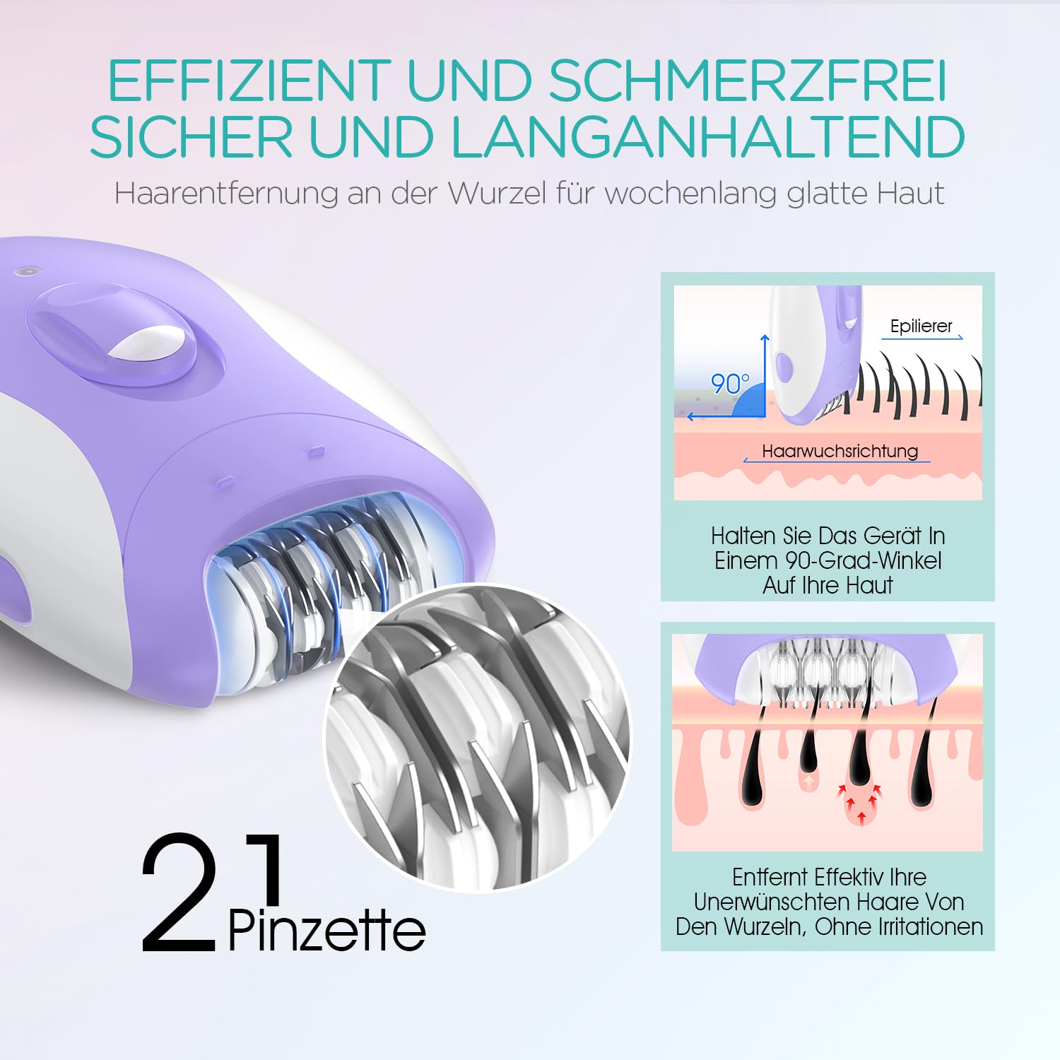 VOGOE Epilierer Damen für Haarentfernung, Epeliergerät Körper 4 in 1 Elektrischer Kabelloser, 21 Pinzetten für Gesicht Beine Arme Bikini, HR310 Lila