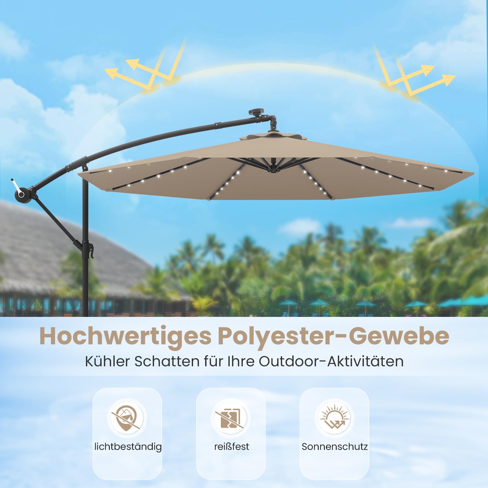 COSTWAY Parasol przeciwsłoneczny 300 cm ze stojakiem i diodami LED, z korbą, parasol ogrodowy, ochrona przed promieniowaniem UV, parasol na taras, do ogrodu, na basen, taras