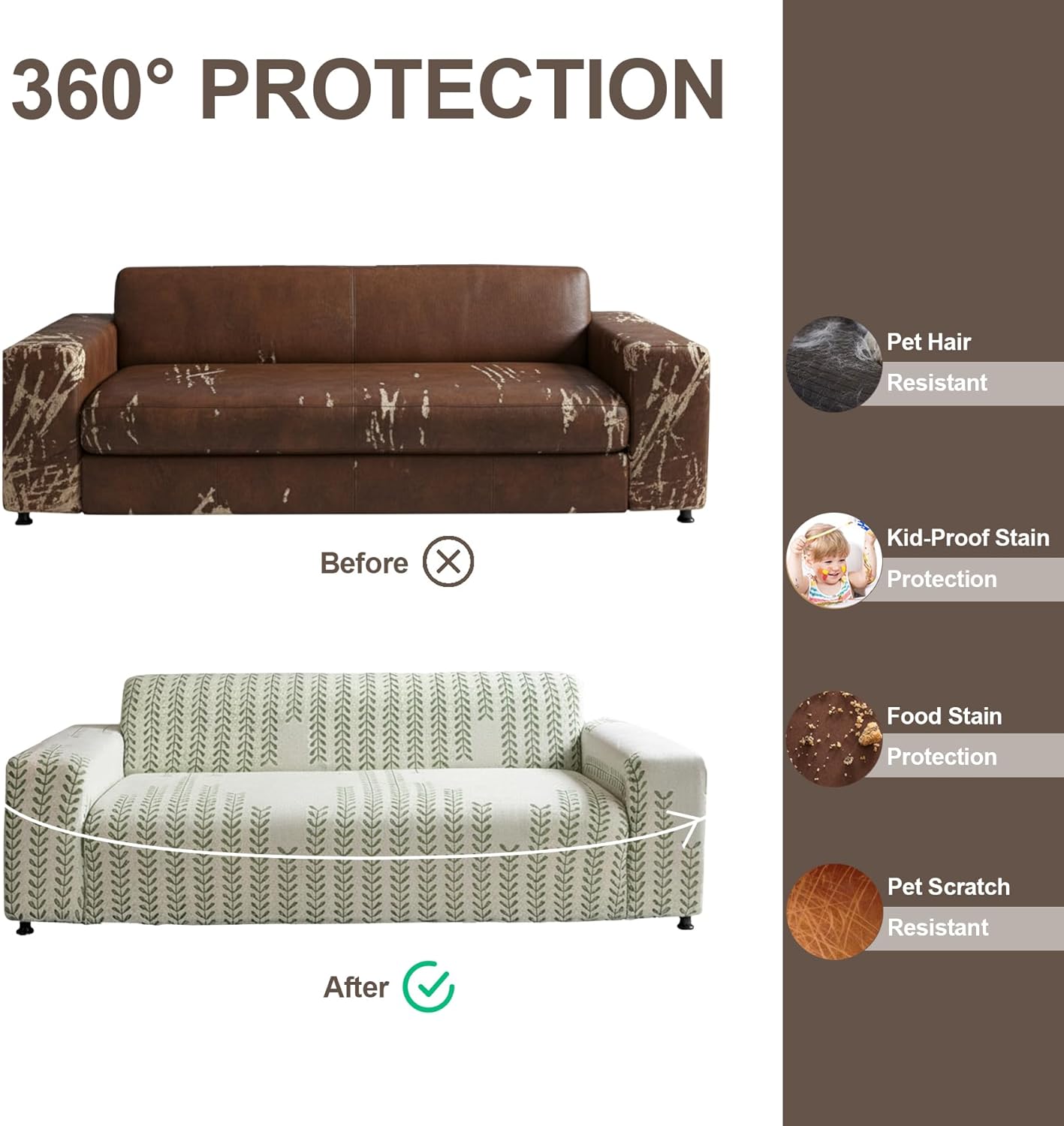1 Piece Stretch Couch Cover for 3 Cushion Couch, Washable Sofa Slipcover with Green Leaf Pattern, Pet-Friendly Furniture Protector with Elastic Bottom for Kids and Pets (Large, Green)