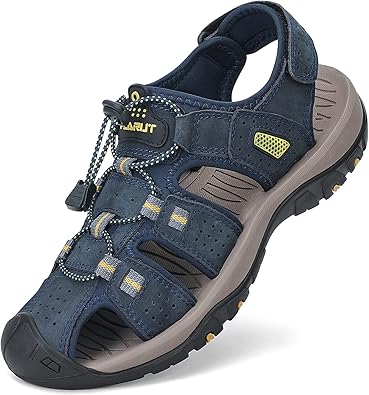 FLARUT Mens Sport Sandals Outdoor Hiking Sandals Closed Toe Leather Athletic Lightweight Trail Walking Casual Sandals Water Shoes