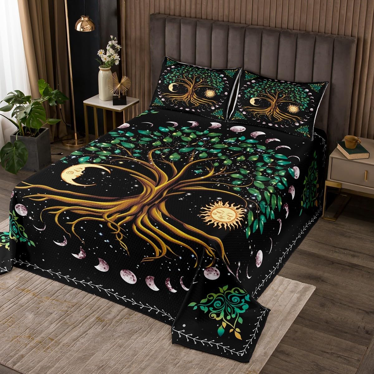 Sun Moon Bedspread Twin Size,Starry Sky Galaxy Trippy Boho Coverlet Set,Boys Girls Adults Room Decor,Flowers Leaves Wildlifes Rustic Quilted Coverlet,Colorful Country Bedding Quilt,1 Pillowcase