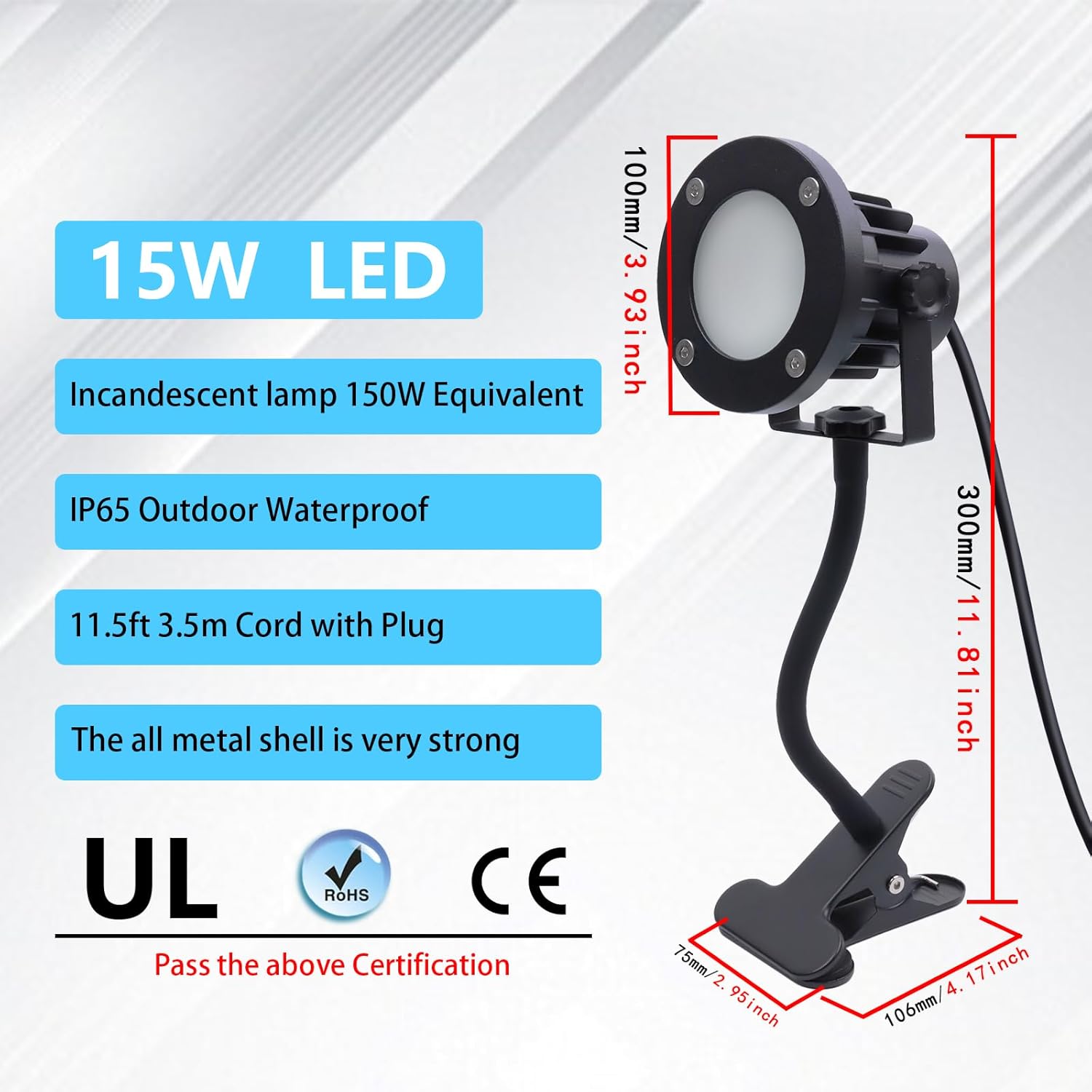 LED Clamp Work Light, 15W (150W Equivalent) All Metal Floodlight with 11.5FT Cord, IP65 Waterproof Outdoor & Indoor, 360° Adjustable Clip on Light, for Garage Workshop Construction (15W-Warm White)