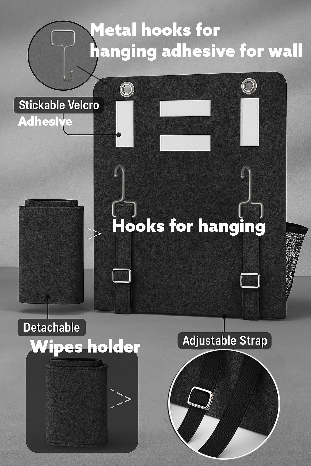 Blikesi- Bedside Caddy - Felt Dark Grey With 9 pockets – Wipes Holder - Bed Storage Organizer for Remote Control Holder, Gifts, Books, Phone, Tablet – Bed Pocket Organizer for Bed, Couch or Bunk