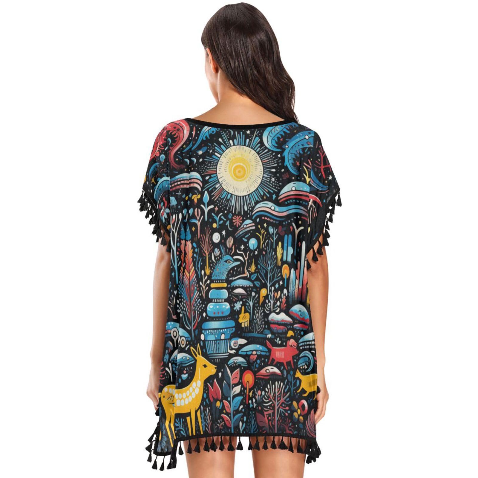 Abstract Moon Forest Art Women's Beach Cover Up Chiffon Tassel Swimwear Swimsuit Coverups for Girl