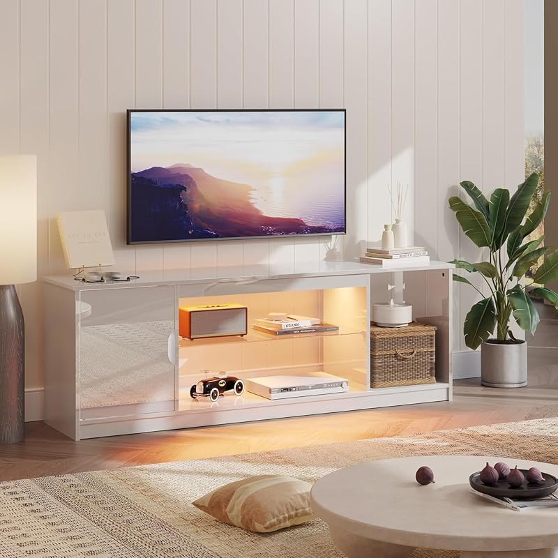 Bestier 57" Gloss White TV Stand for 65" TVs - Modern Gaming Console Unit with Glass Shelves, PS5/Xbox Cabinet, Adjustable Height Entertainment Center for Bedroom & Living Room