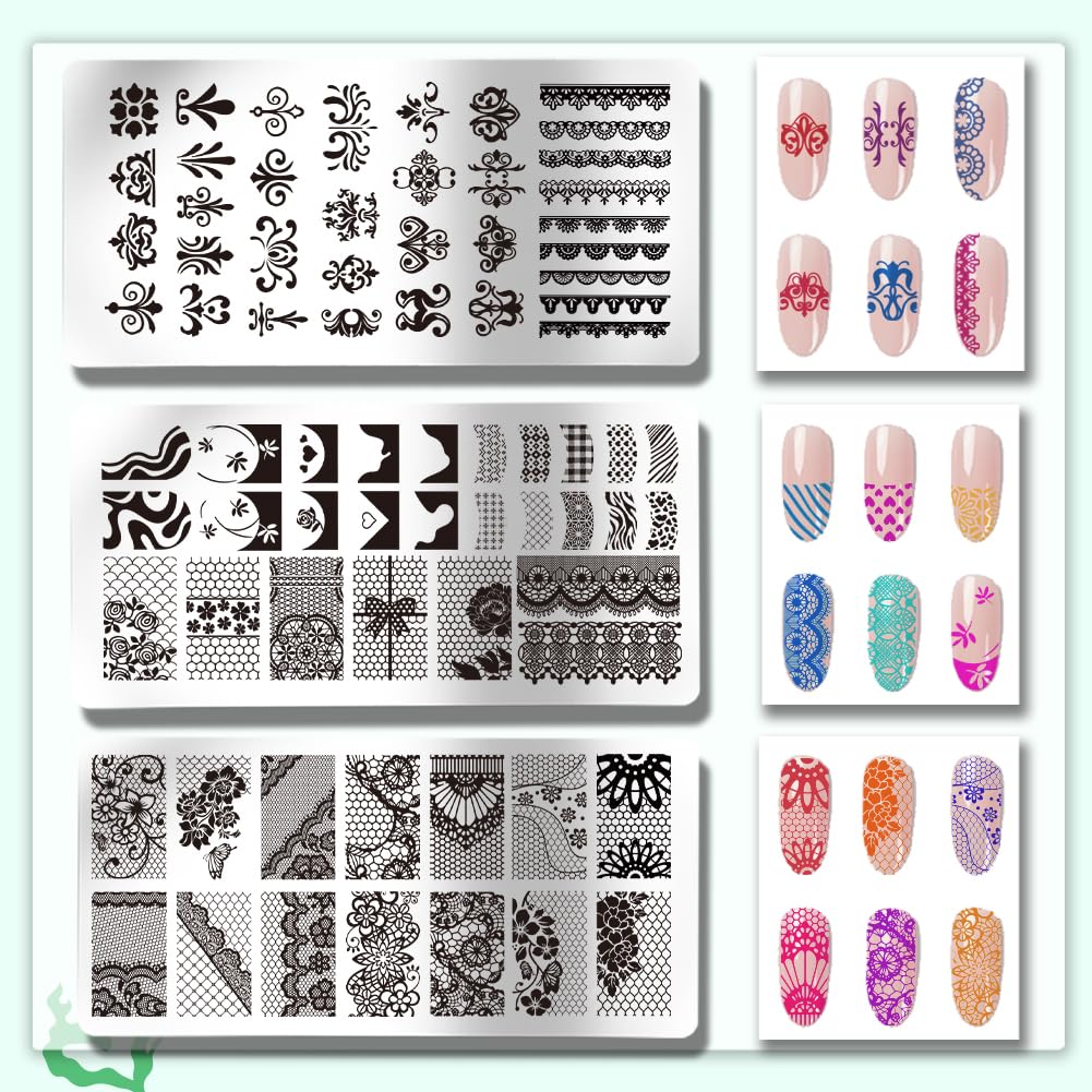 PH PandaHall 3pcs French Lace Nail Stamp Plate Flower Lace Nail Art Template French Tip Nail Image Plate Lace Pattern Nails Art Stencils for Women DIY Printing 12x6cm - Image 3