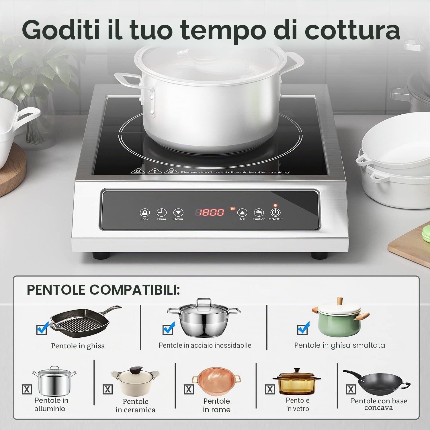 Piano cottura a induzione commerciale da 3500 W, piano cottura a induzione da 220 V, piano cottura a induzione singola con timer e preimpostazione, portata 50 kg, piastra a induzione per camper