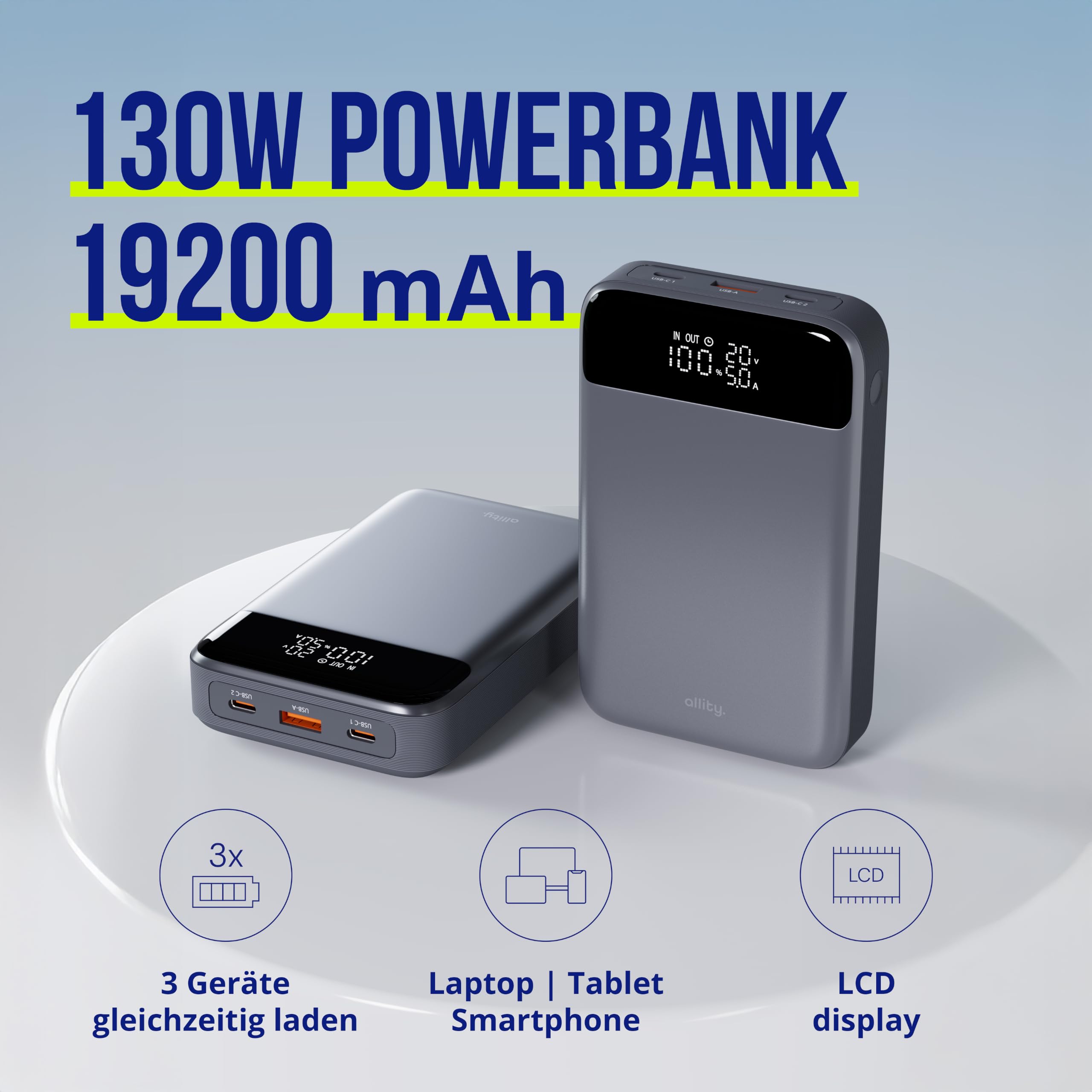 Powerbank 19200 mAh 130 W – Chargeur Rapide USB-C PD & QC pour Ordinateur Portable, téléphone Portable et Tablette – Boîtier en Aluminium, écran LCD, Compact, câble 100 W Inclus – Gris