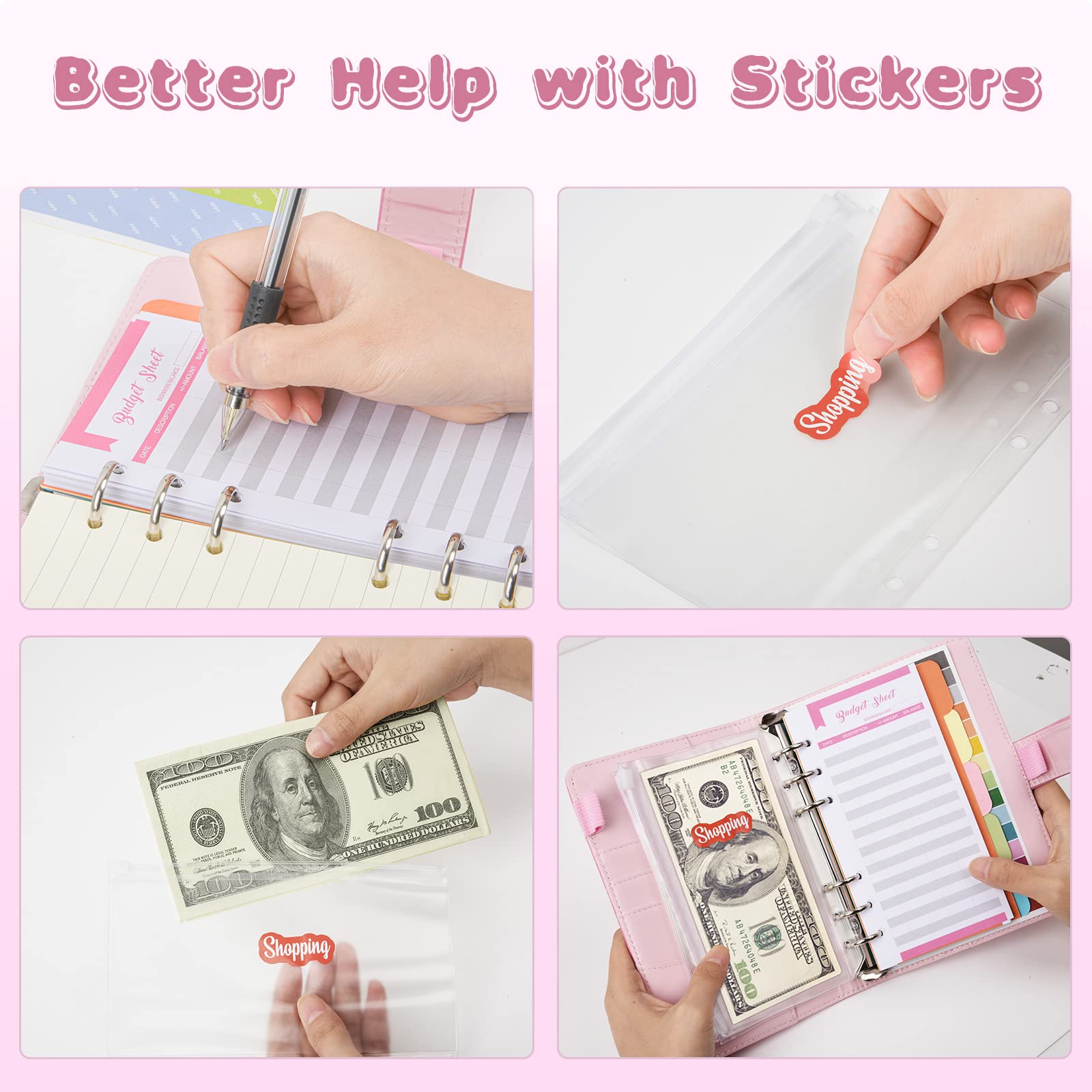 Onlylove Classeur Budget A6 Enveloppes - 12 Poches Zippées + 12 Feuilles Budget + Intercalaires & Stickers - Rose Pastel