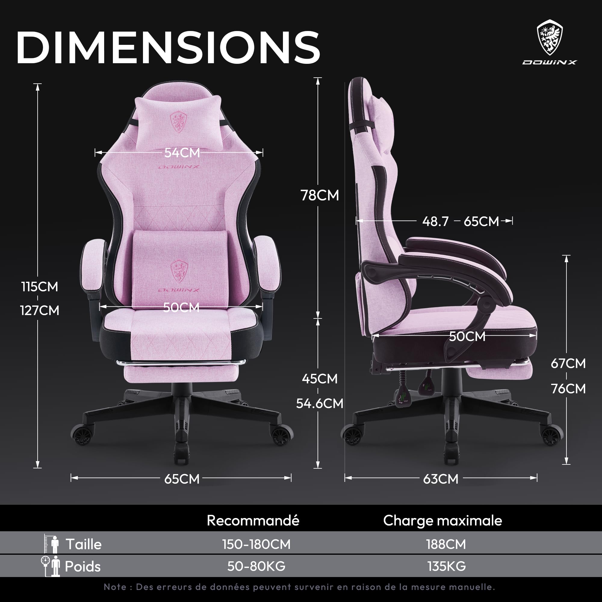 Dowinx Chaise de Gaming en Tissu avec Coussin de Printemps, Soutien Lombaire et Repose-Pieds pour Adultes, Fauteuil de Jeu Ergonomique, Grand et Haut, pour Jeux de Bureau, 135 kg, Rose