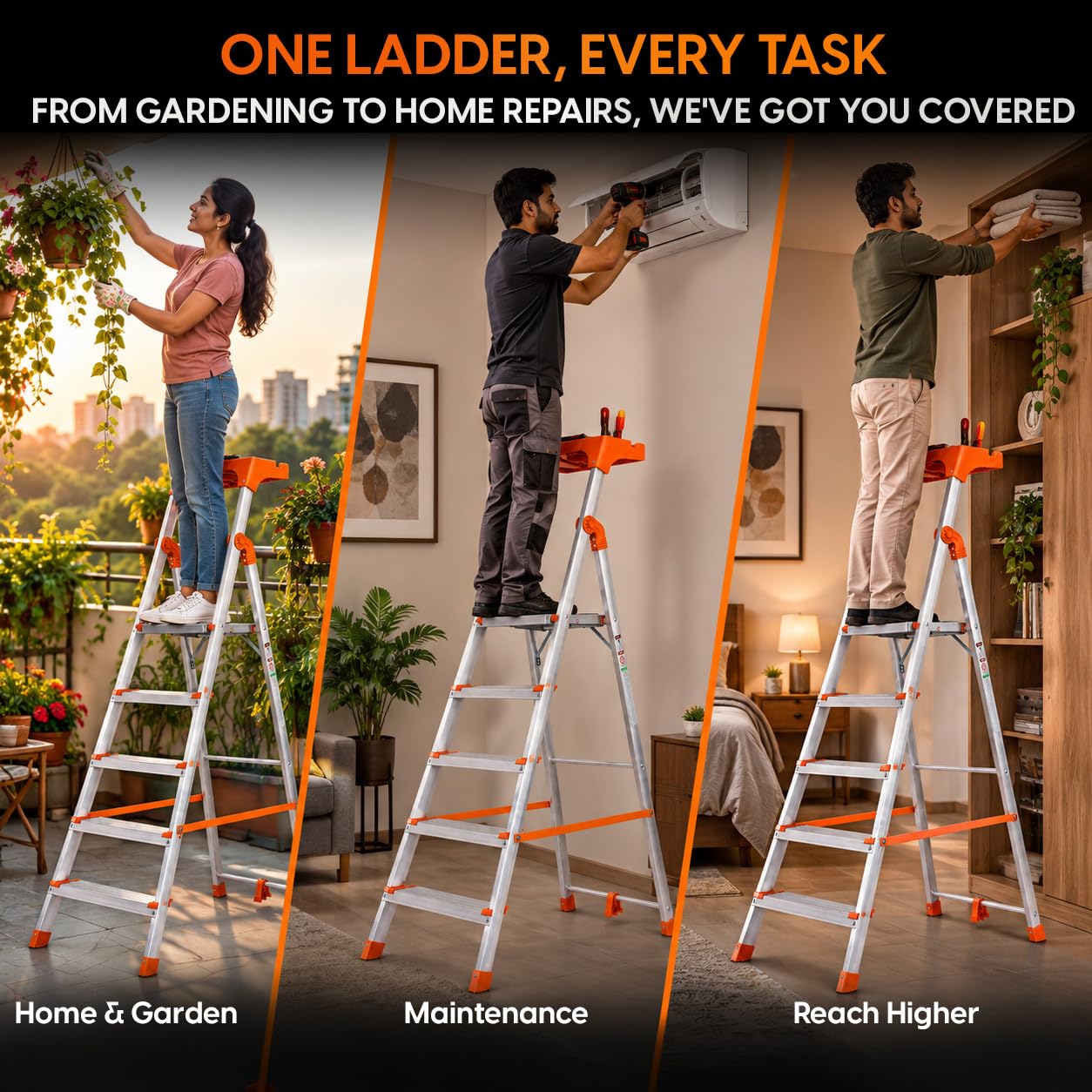 HOUZA Aluminium Ladder - 5 Steps, Foldable & Safe -7
