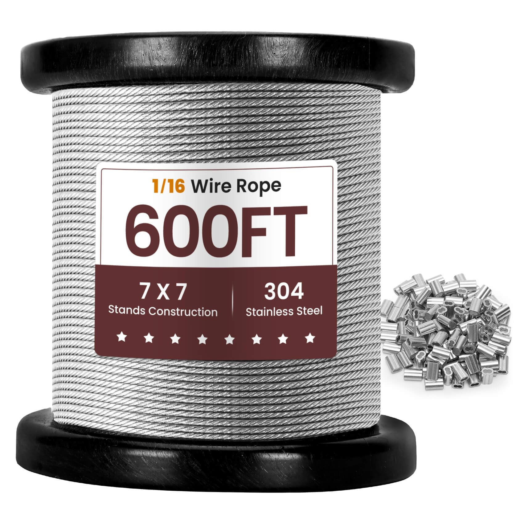 1/16 Wire Rope, 1/16 Stainless Steel Cable for Trellis, 1/16 Aircraft Cable with 200Pcs Crimping Sleeves, Used for Hanging, Decorations,7x7 Strand Core & 368 lbs Breaking Strength, 304 Material