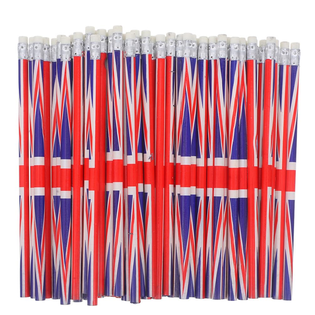 100pcs UK Flag Pencils British Flag Pencils Patriotic Pencils with Erasers Union Jack Pencils Wood Pencils for Kids Toddlers Classroom Prizes Party Favors