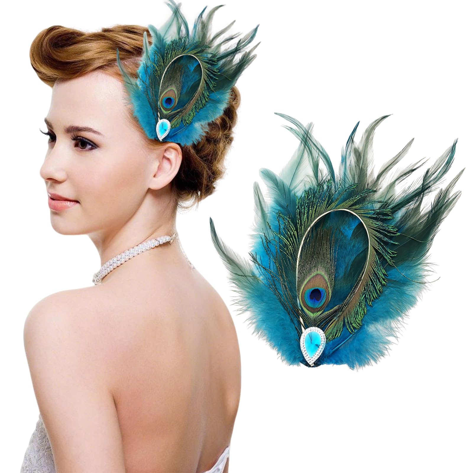 Peacock Feather Hair Clip Rhinestones 1920s Flapper Fascinator Accessory Women Peacock Feather 1920s Flapper Headpiece Vintage Party  main image 4