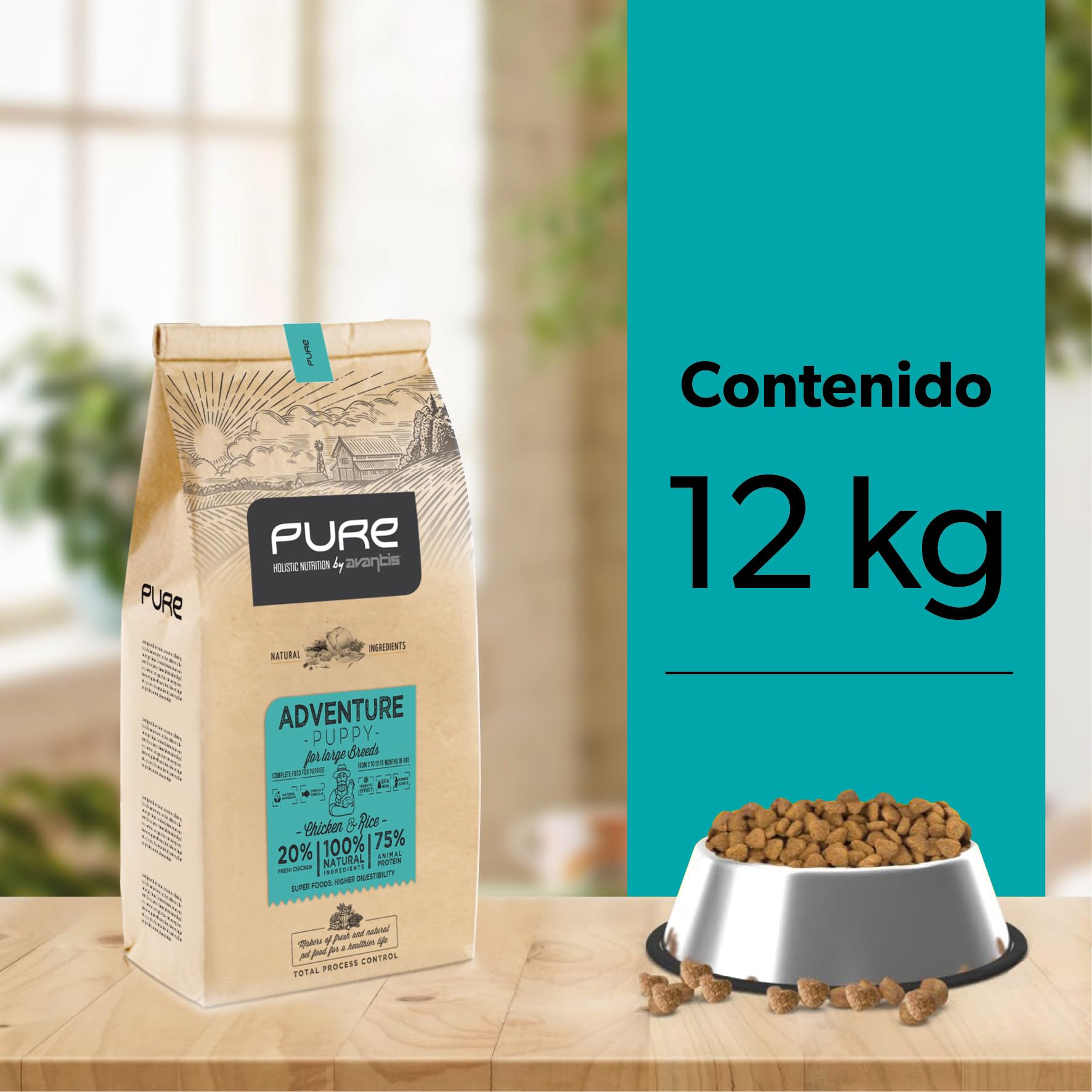 Pure Adventure Puppy Pollo y Arroz 12 kg – Pienso Holístico con Carne Fresca para Cachorros de Razas Grandes – Huesos y Articulaciones