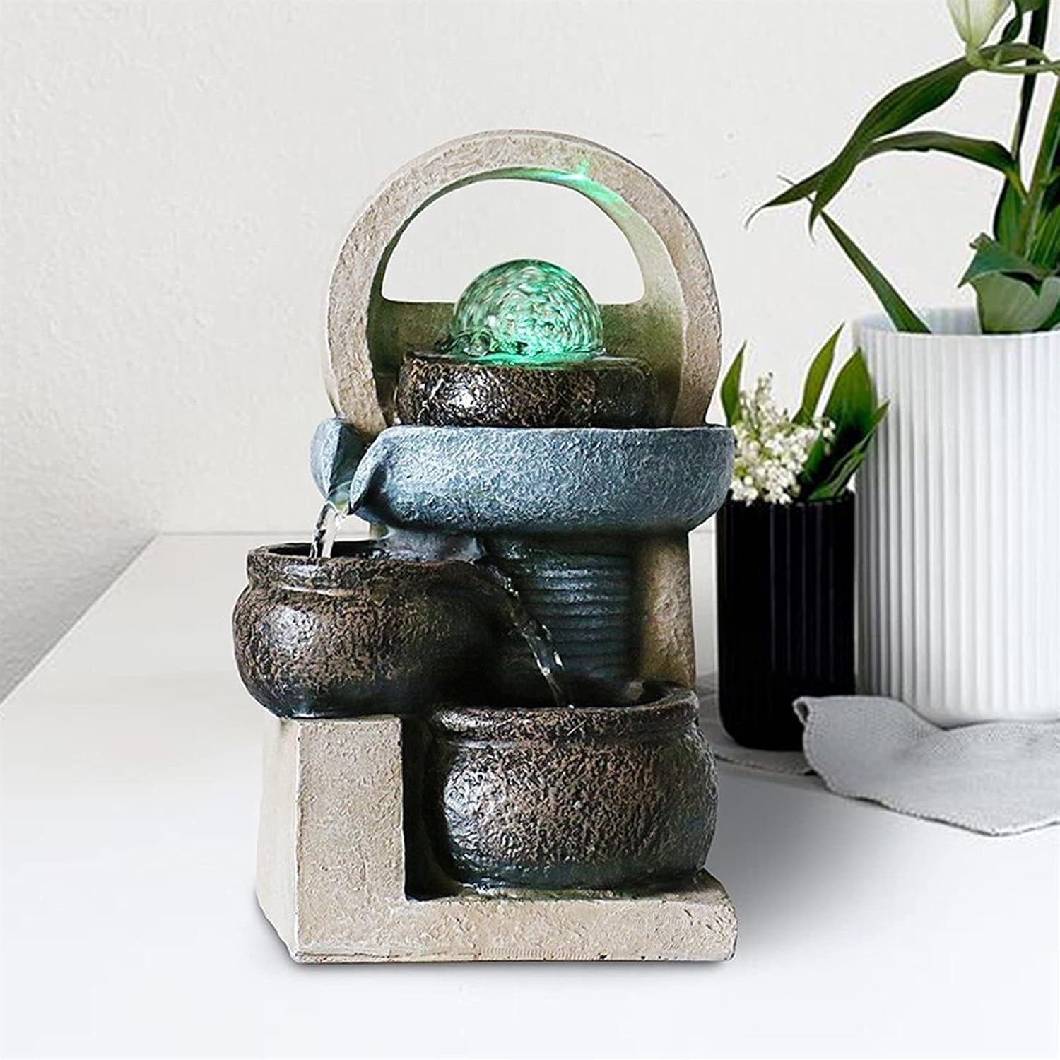 Tabletop Fountain Resin Tabletop Fountain Zen Meditation Fountain 3 Tiered Waterfall Water Fountain for Home Office Decor - Feng Shui Wheel Bonsai Humidifier Desktop Fountain