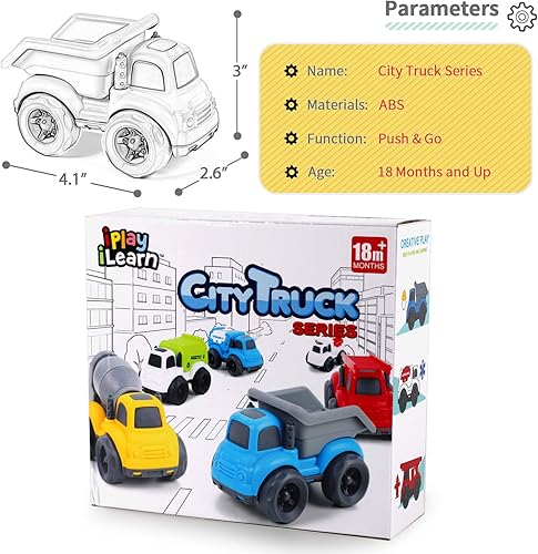 Miniatura 7 de iPlay, iLearn 6 autos de fricción de juguete para niños pequeños de 1 a 3 años, camión de construcción pequeño Push Go para niños de 2 a 4 años,