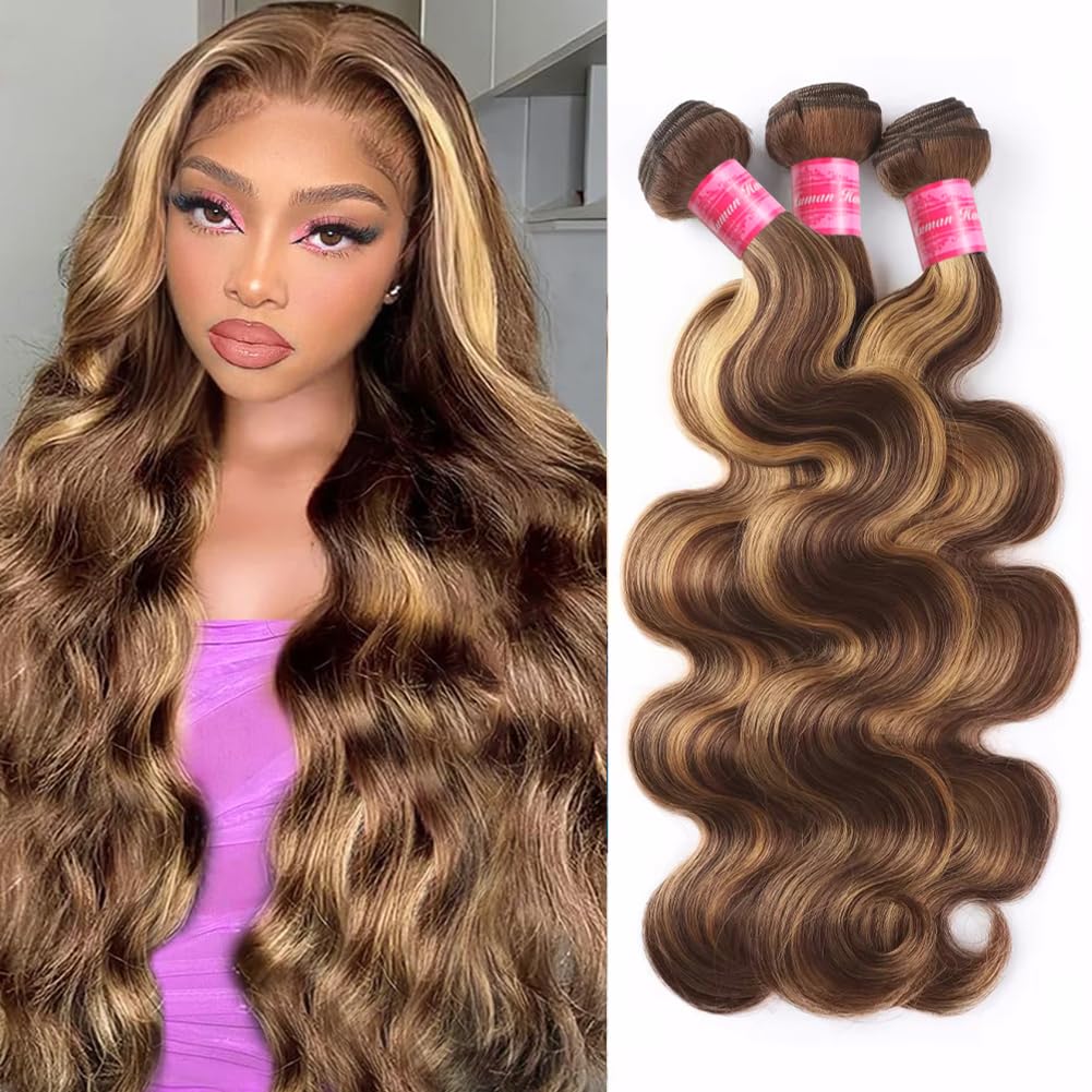 Aopusi Ombre Honey Blonde Body Wave Bundles 4/27 Highlight Brown Colored Human hair Bundles 100% Unprocessed Brazilian Virgin Human Hair Body Wave Remy Hair Weft Piano Color(24 26 28 Inch)