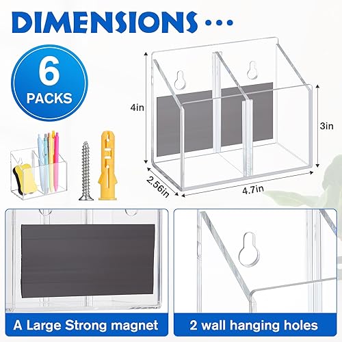 Miniatura 2 de Paquete de 6 soportes magnéticos acrílicos para rotuladores, para pizarra blanca, imán de borrado en seco, 2 compartimentos con separadores