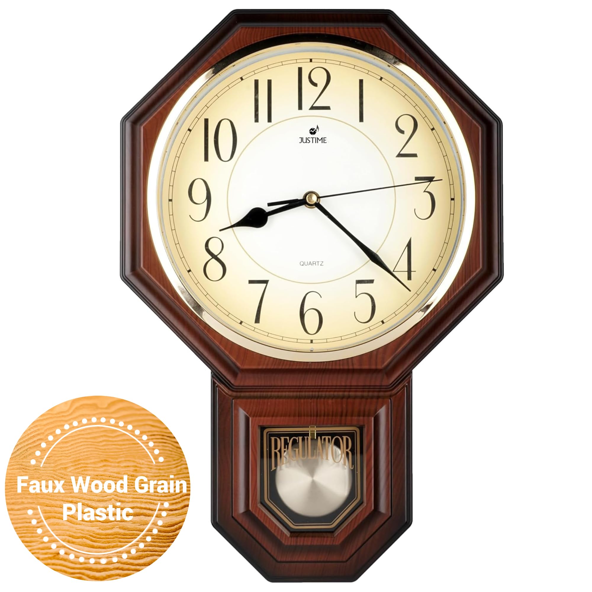 JUSTIME Traditional Schoolhouse Gradient Arabic Regulator Wall Clock, Chiming Wall Clocks with Pendulum & Westminster Chime Hourly, Schoolhouse Wall Decor Battery Operated (Dark Wood Grain)