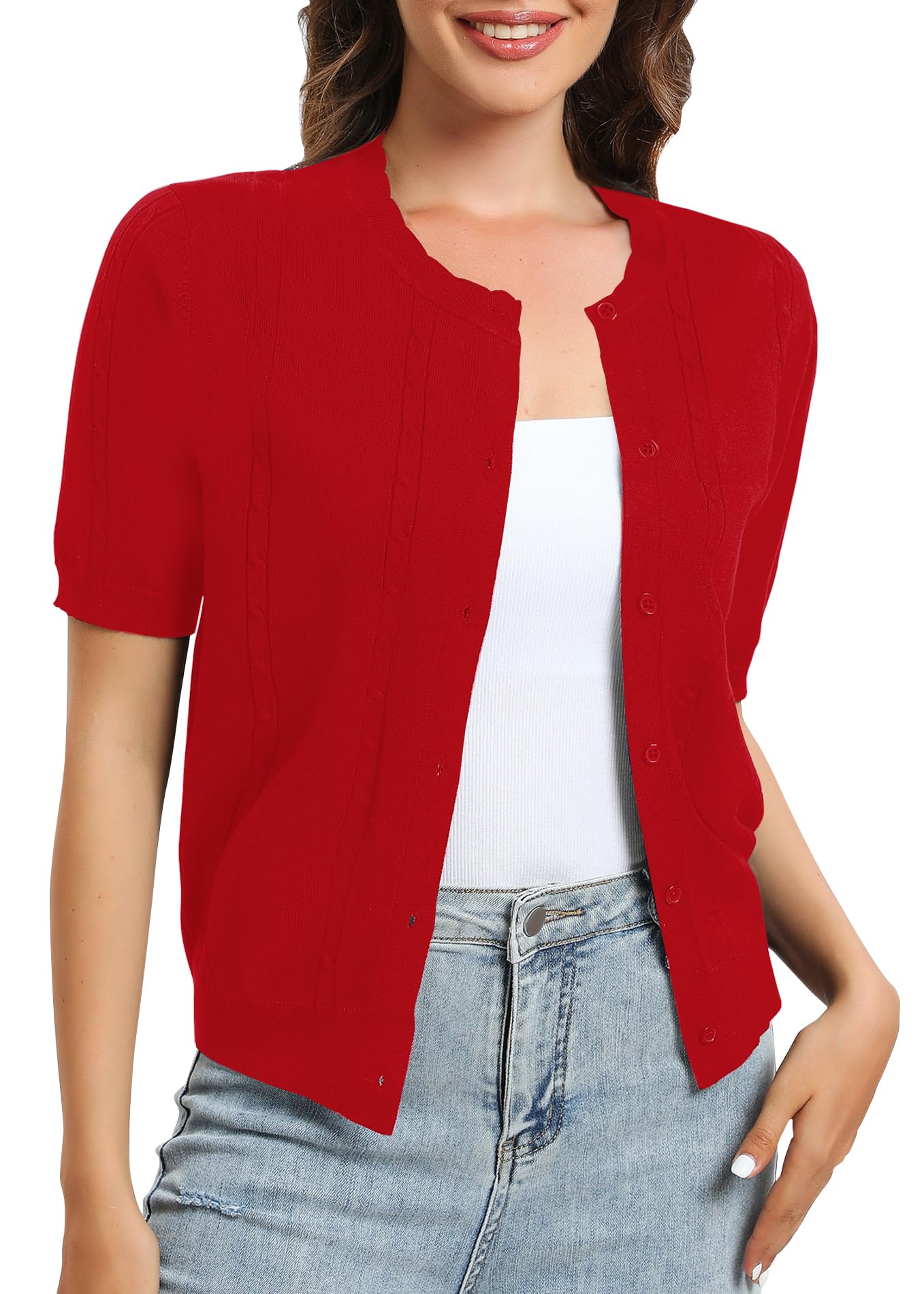 Urban CoCo Womens Short Sleeve Round Neck Cropped Cardigan Sweater Lightweight Shrug Sweaters for Women
