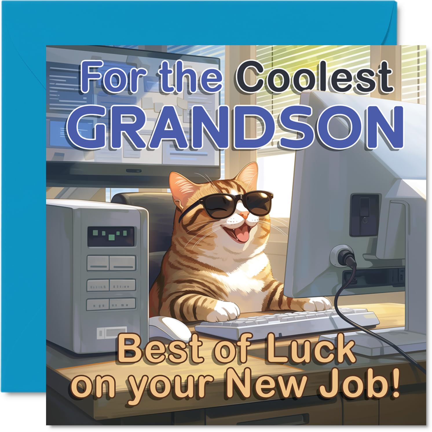 Supportive New Job Card for Grandson - Cheeky Cat with Shades on a Computer - Fun Blue and Beige Design for New Beginnings - 145mm Square, Envelope Included