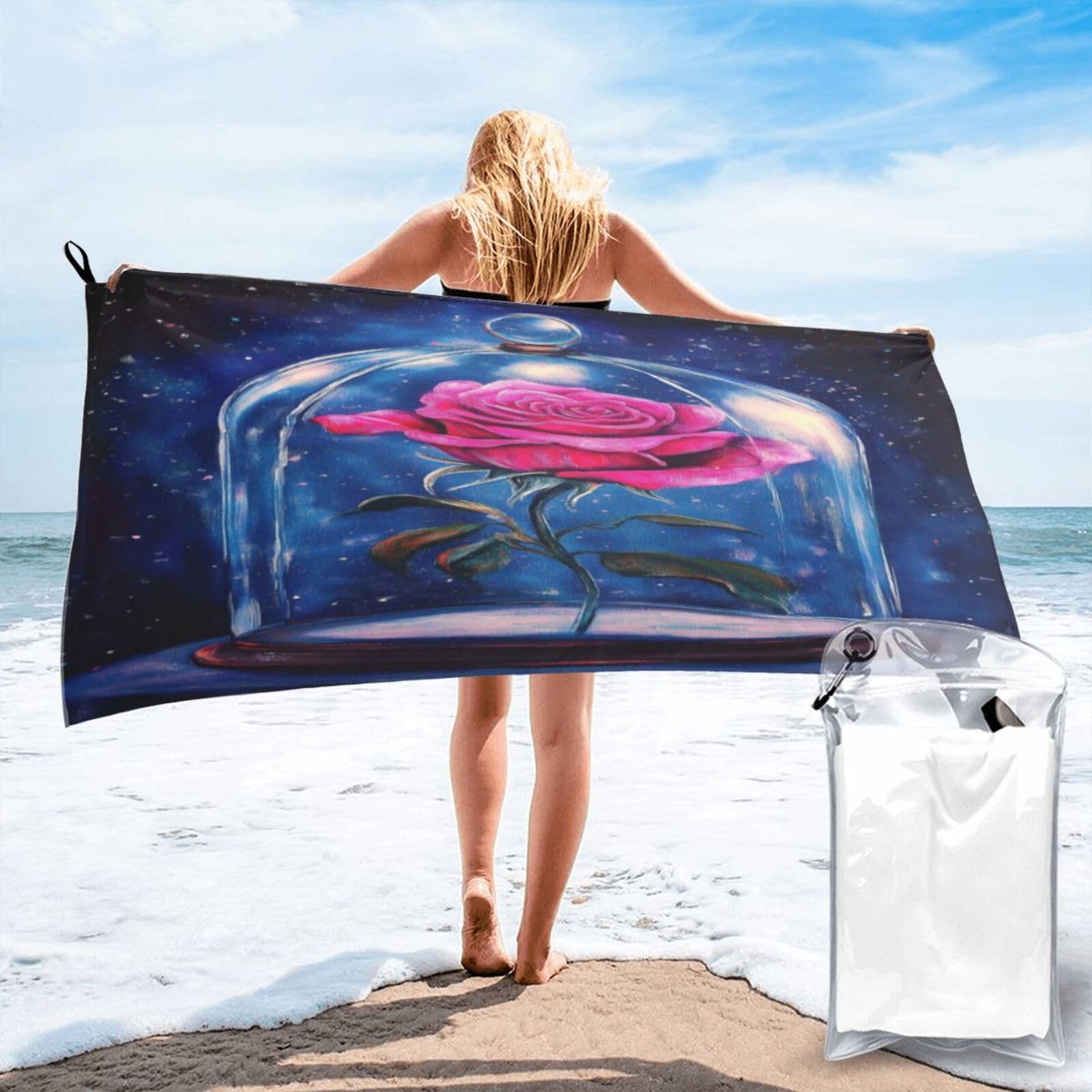 Anceky Glass Dome Rose Cosmic Night Sky Painting Quick Dry Microfiber Travel Towel with Carry Case and Carabiner 31.5"X63"