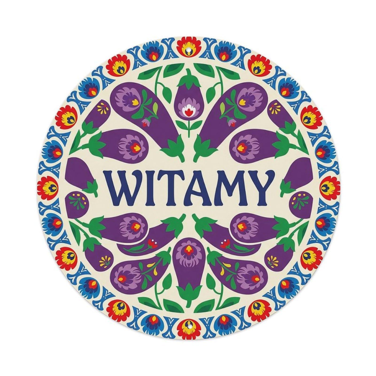 Vintage Polish Folk Art Witamy Welcome Eggplant Purple Metal Tin Sign