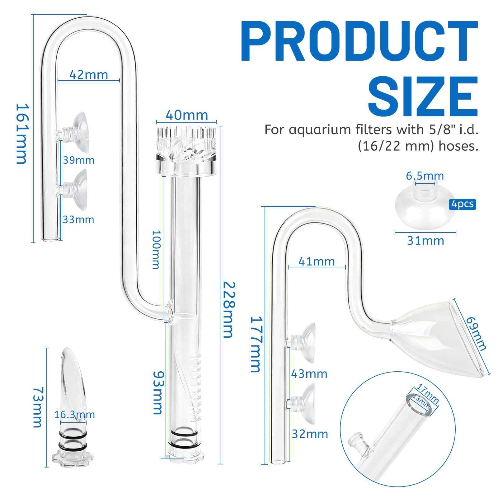 lalago Tube en Verre de Marque Lily Pipe de 17mm, Ecumoire d’Aquarium Arrivée et Sortie avec Les Tuyaux de Filtration de 16/22 mm (5/8" de Diamètre Intérieur), Tuyauterie de Filtration de Surface