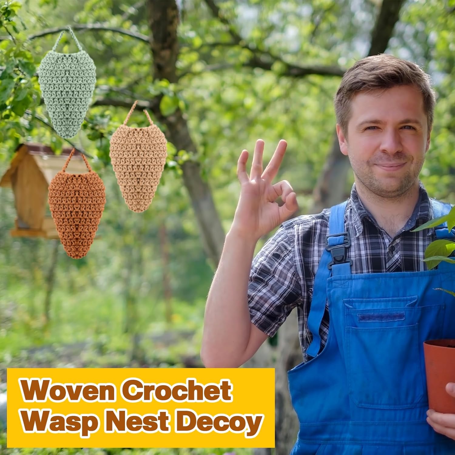 Qualirey 6 Pack Large Crochet Wasp Nest Decoys Hanging Fake Wasp Nest Deterrent Outdoor Crochet Decoys for Patio Garden Yard Eaves Uses, 12.6" x 7.9"