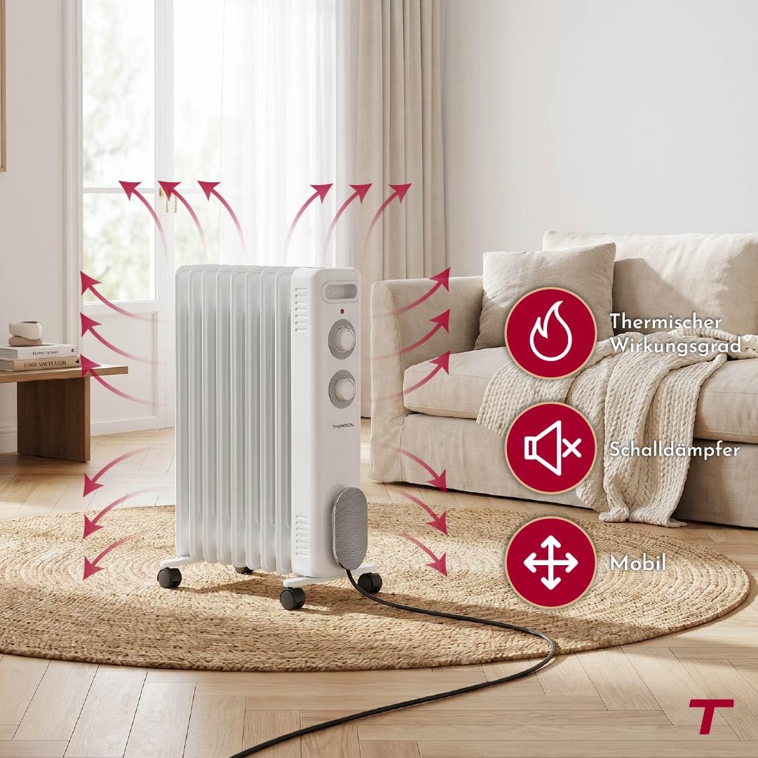 THOMSON - Mobiler Ölradiator CALISTA 2000W weiß, Kippschutz und Überhitzungsschutz, mit einstellbarem Thermostat, leise, mit Rollen