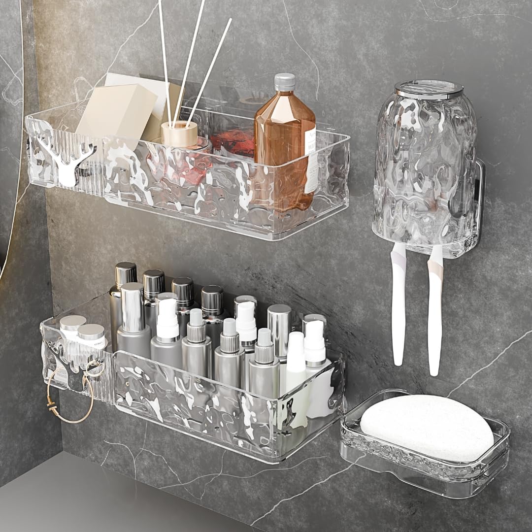 Auproud Acrylic Shower Shelves with Soap Dish Toothbrush Holder Clear Plastic Shower Caddy Adhesive Bathroom Organizer Wall Mount